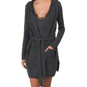Tahari 100% Cashmere Hooded Cardigan Robe Belted Charcoal M
